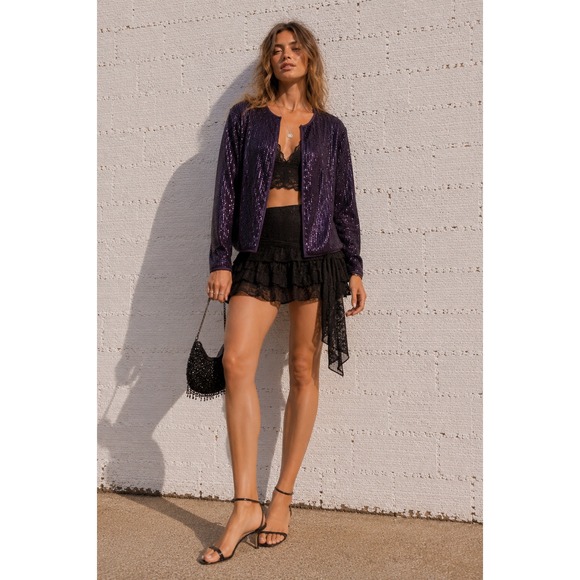Sweaters - Vintage Eggplant Purple Sequin Open Front Evening Jacket Glam Party Layer XL